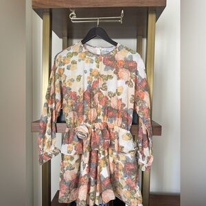 Something Navy Floral Long Sleeve Ruffle Romper Size 4 with Pockets
